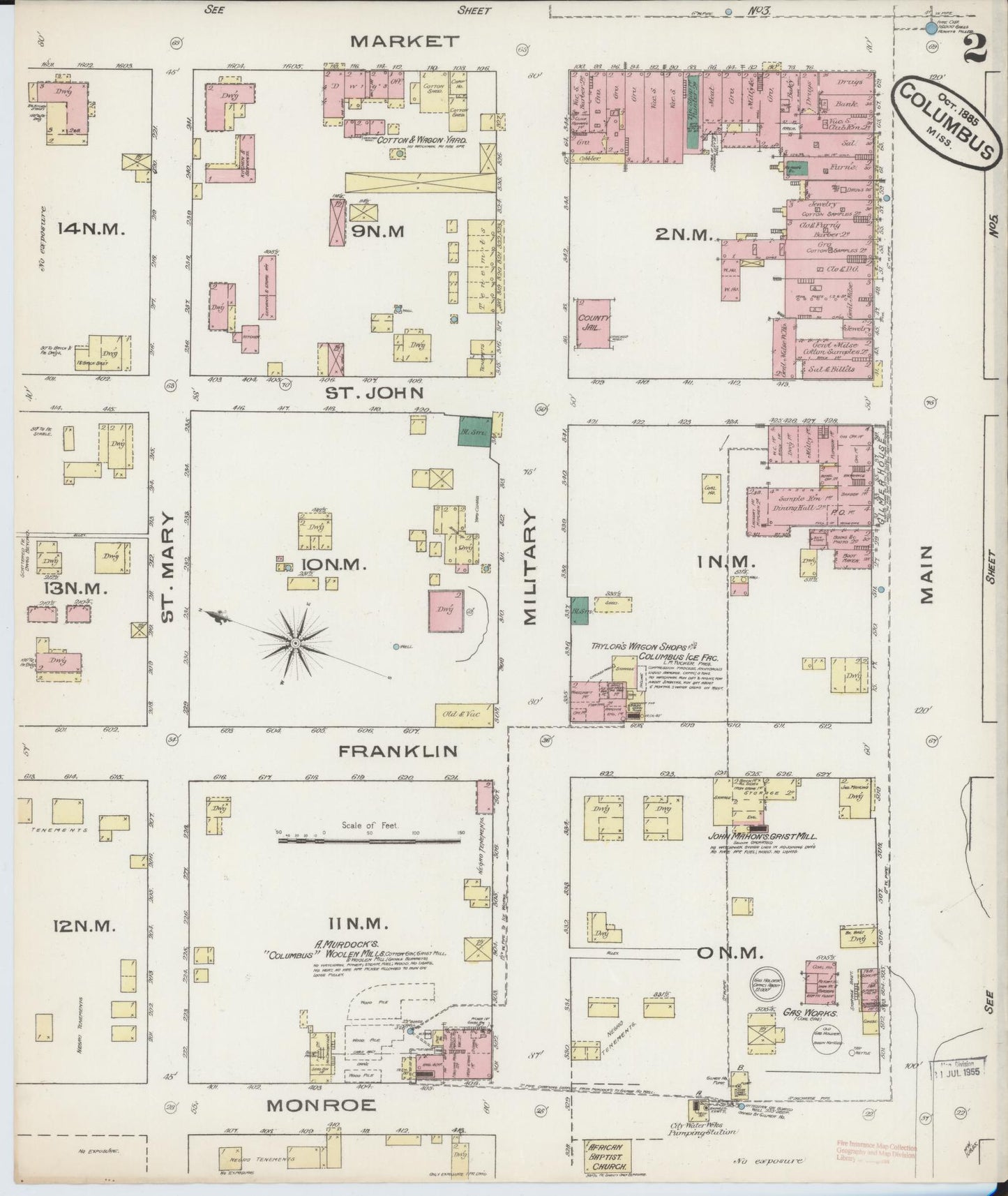 Sanborn Fire Insurance Map from Columbus, Lowndes County, Mississippi (1885), Sheet #0002 - Complete Map Set gallery image, historic Sanborn map, vintage wall art, Mississippi Mississippi
