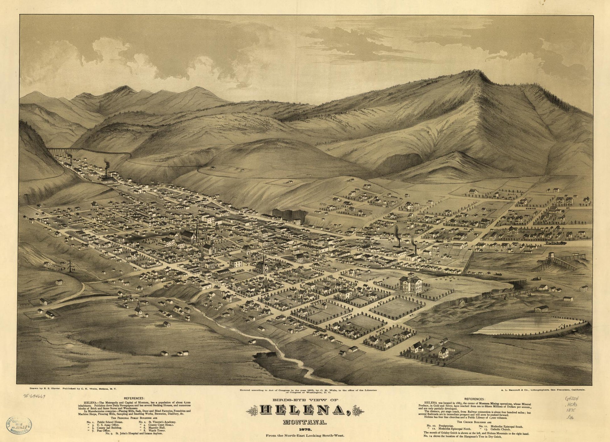 Birds-eye view of Helena, Montana 1875. (1875) – Historic Bird’s-Eye View Panorama Print