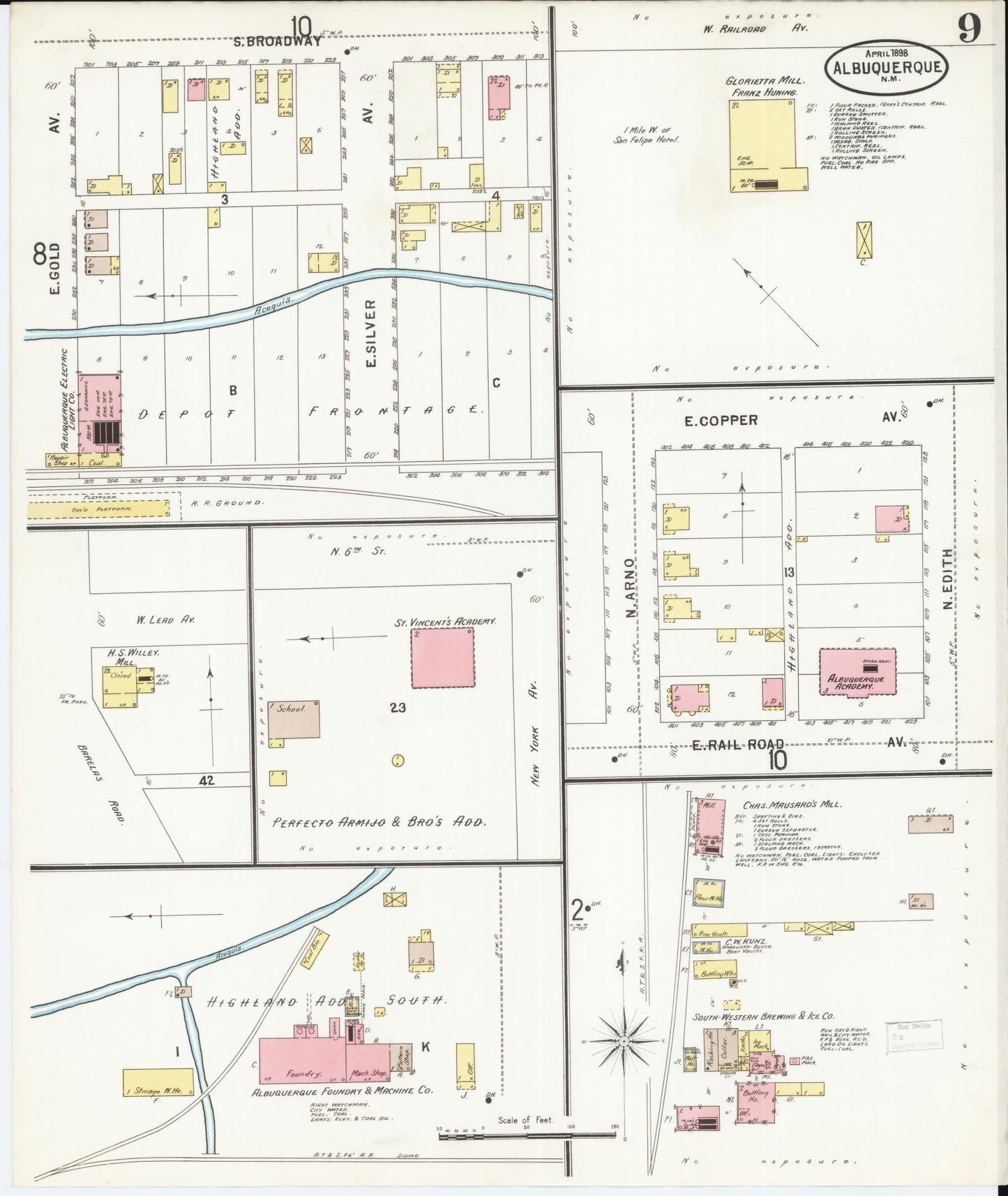Sanborn Fire Insurance Map from Albuquerque, Bernalillo County, New Mexico (1898), Sheet #0009 - Historic Sanborn Fire Insurance Map Print, vintage old map wall art, antique decor, genealogy gift, New Mexico New Mexico map