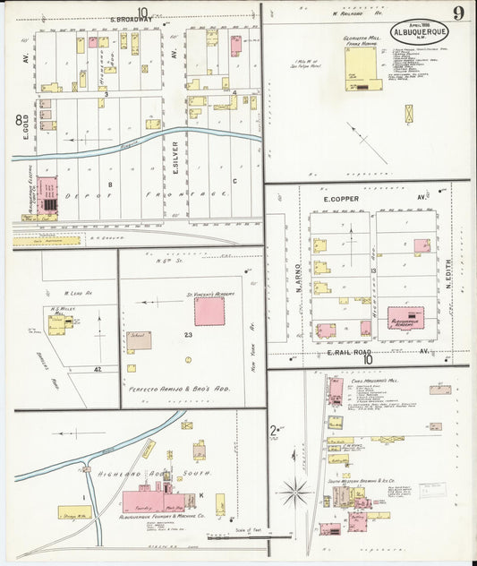Sanborn Fire Insurance Map from Albuquerque, Bernalillo County, New Mexico (1898), Sheet #0009 - Historic Sanborn Fire Insurance Map Print, vintage old map wall art, antique decor, genealogy gift, New Mexico New Mexico map