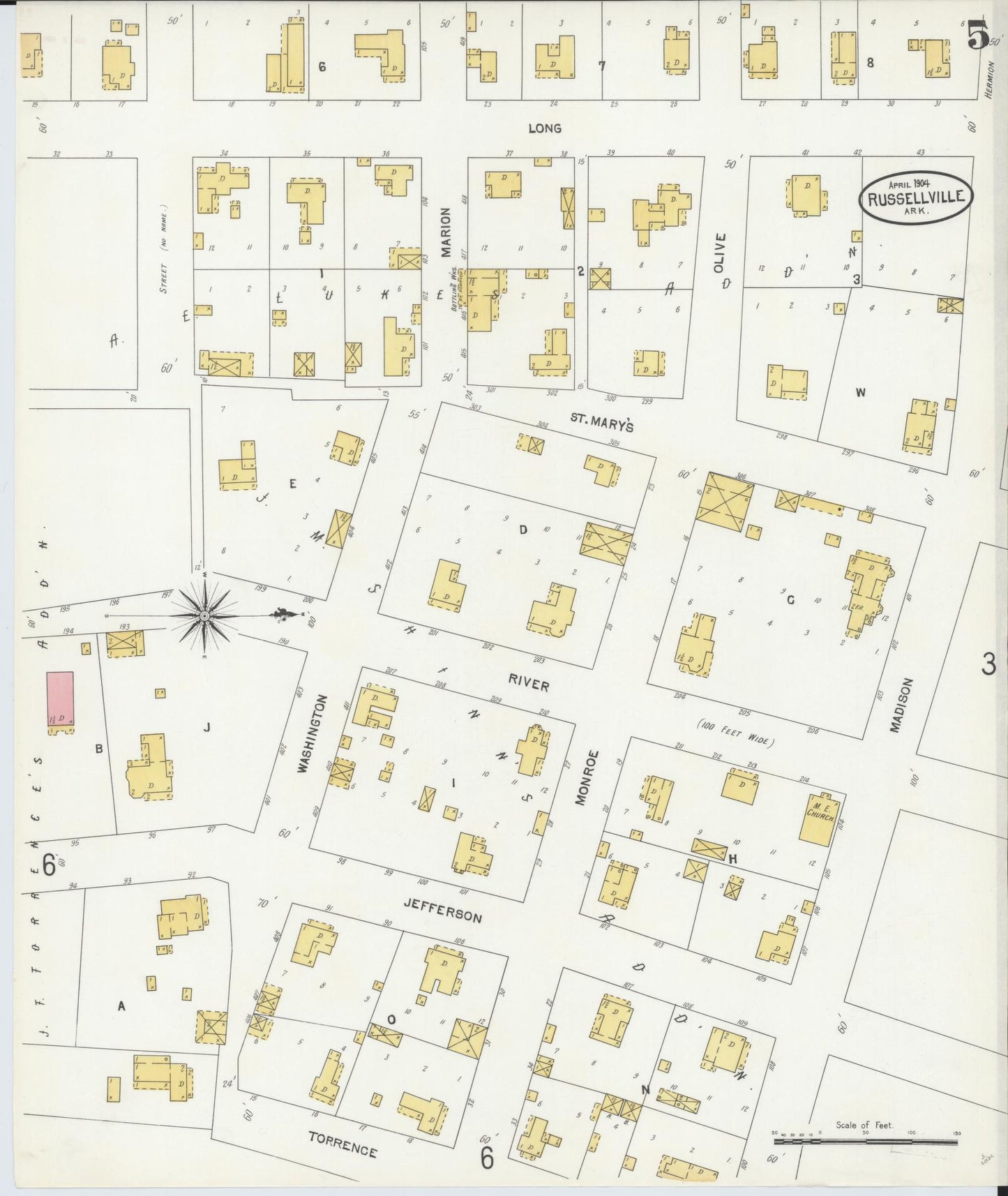 Sanborn Fire Insurance Map from Russellville, Pope County, Arkansas (1904), Sheet #0005 - Historic Sanborn Fire Insurance Map Print, vintage old map wall art, antique decor, genealogy gift, Arkansas Arkansas map