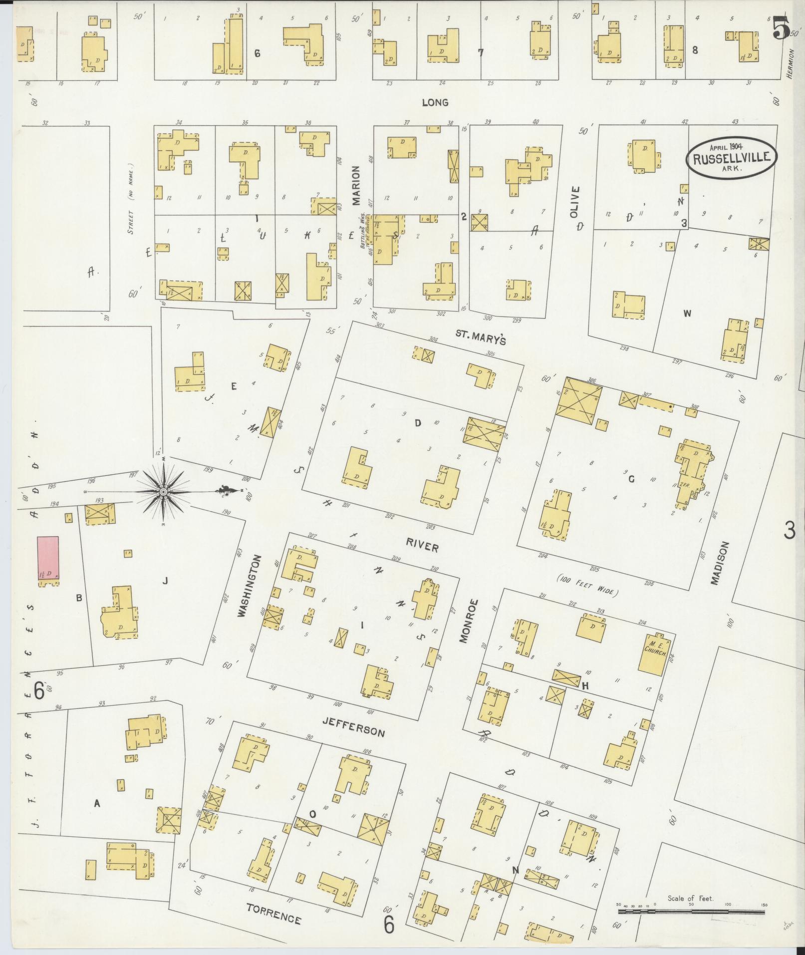 Sanborn Fire Insurance Map from Russellville, Pope County, Arkansas (1904), Sheet #0005 - Historic Sanborn Fire Insurance Map Print, vintage old map wall art, antique decor, genealogy gift, Arkansas Arkansas map