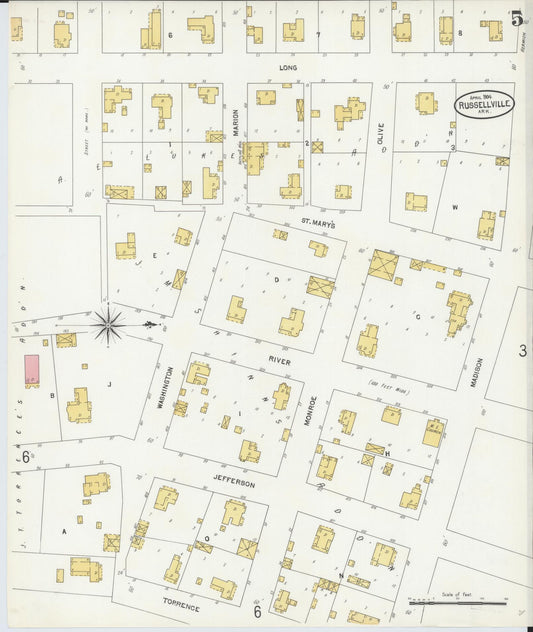 Sanborn Fire Insurance Map from Russellville, Pope County, Arkansas (1904), Sheet #0005 - Historic Sanborn Fire Insurance Map Print, vintage old map wall art, antique decor, genealogy gift, Arkansas Arkansas map