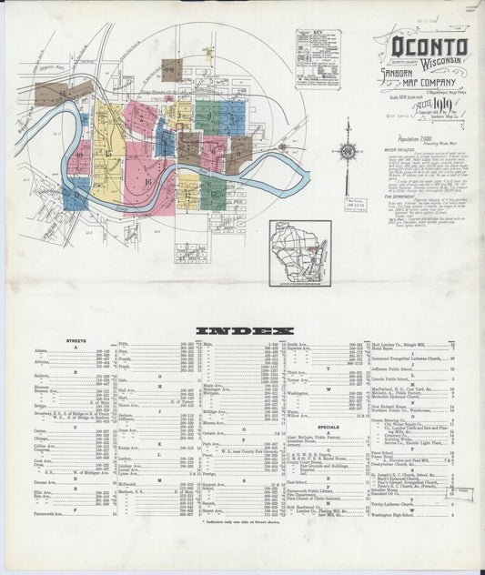 Sanborn Fire Insurance Map from Oconto, Oconto County, Wisconsin (1919), Sheet #0001 - Historic Sanborn Fire Insurance Map Print, vintage old map wall art, antique decor, genealogy gift, Wisconsin Wisconsin map