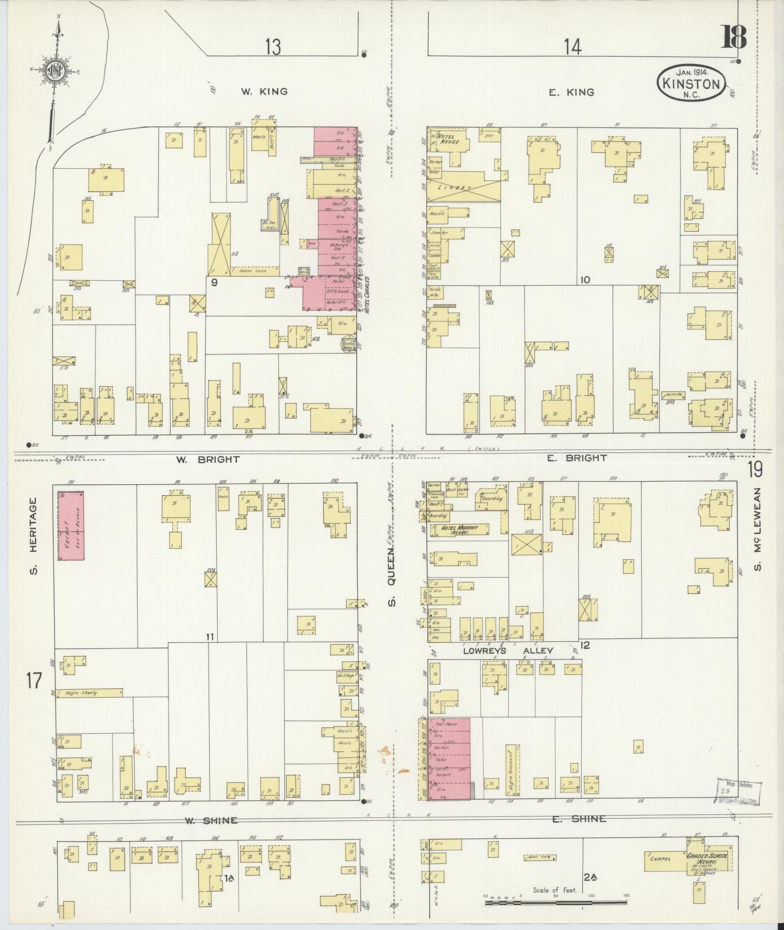 Sanborn Fire Insurance Map from Kinston, Lenoir County, North Carolina (1914), Sheet #0018 - Complete Map Set gallery image, historic Sanborn map, vintage wall art, North Carolina North Carolina