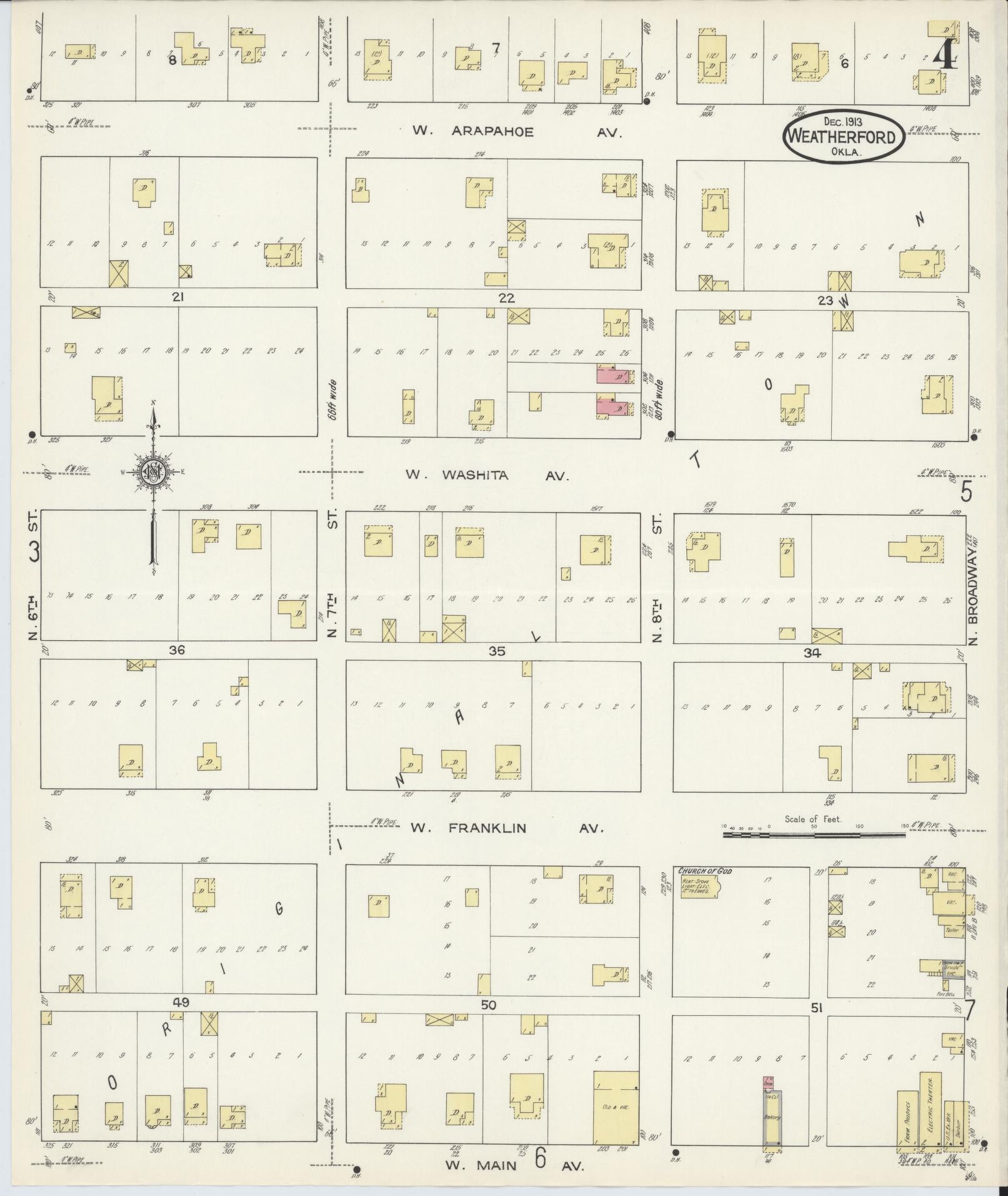 Sanborn Fire Insurance Map from Weatherford, Custer County, Oklahoma (1913), Sheet #0004 - Complete Map Set gallery image, historic Sanborn map, vintage wall art, Oklahoma Oklahoma