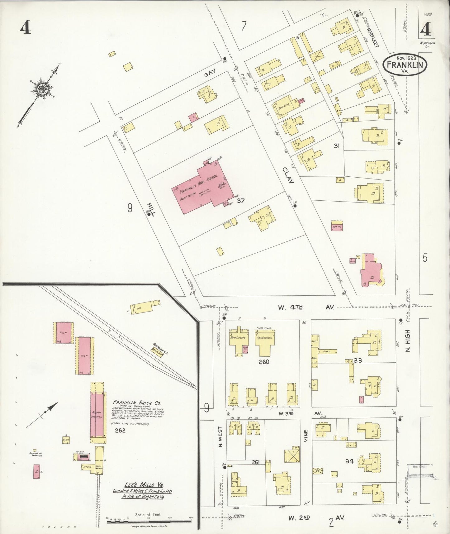 Sanborn Fire Insurance Map from Franklin, Independent Cities, Virginia (1923), Sheet #0004 - Complete Map Set gallery image, historic Sanborn map, vintage wall art, Virginia Virginia