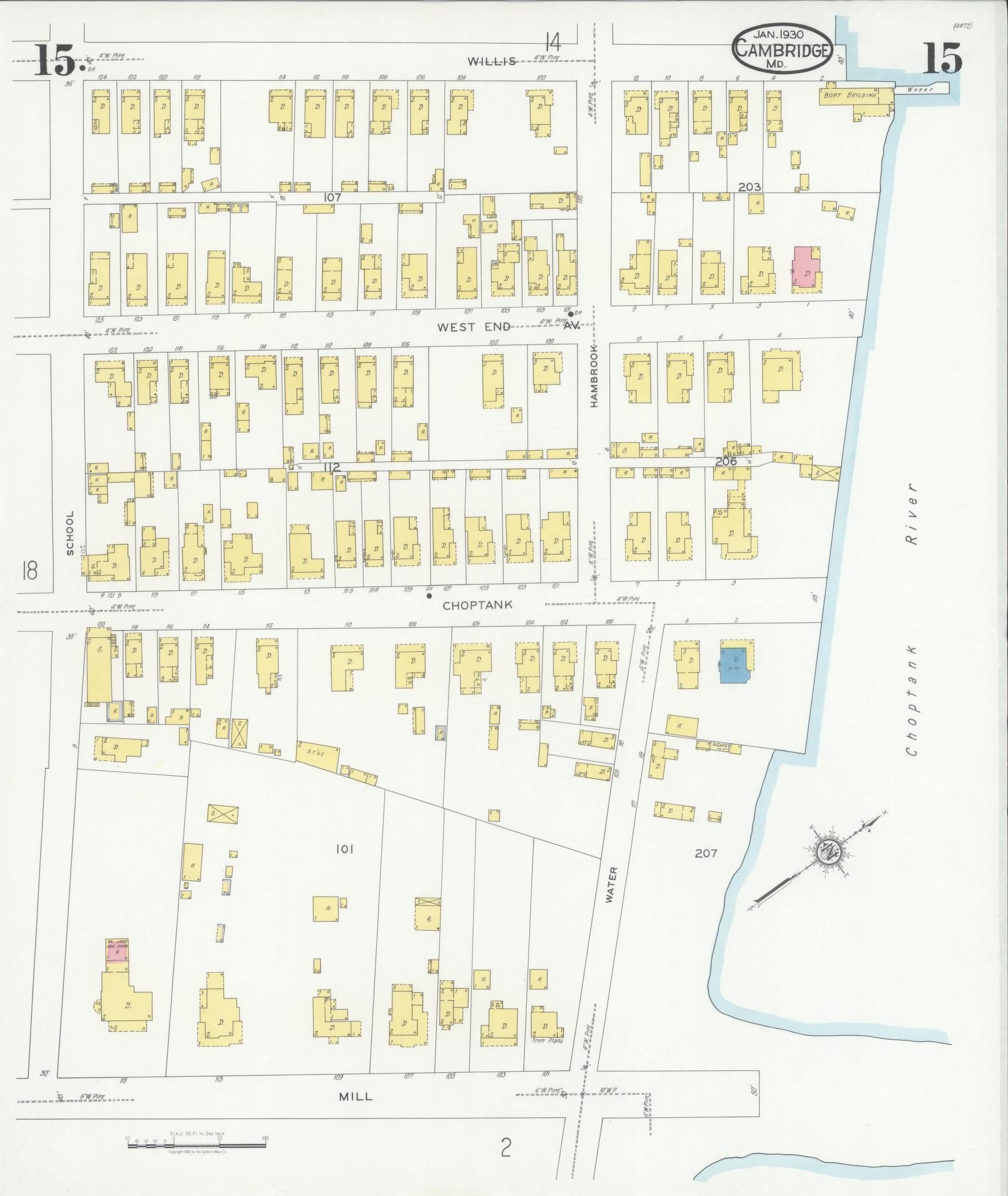 Dorchester, Maryland - 1930 - Sanborn Fire Insurance Map, Sheet #0015 - Historic Sanborn Fire Insurance Map Print, Dorchester Maryland 1930 0015 vintage old map wall art