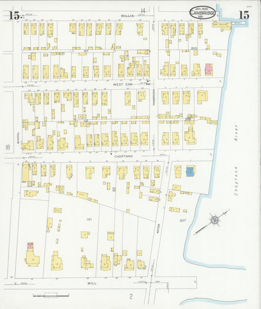 Dorchester, Maryland - 1930 - Sanborn Fire Insurance Map, Sheet #0015 - Historic Sanborn Fire Insurance Map Print, Dorchester Maryland 1930 0015 vintage old map wall art