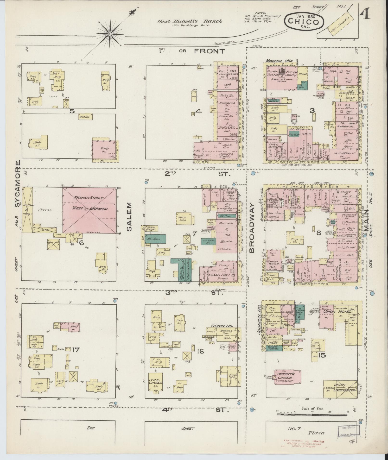 Sanborn Fire Insurance Map from Chico, Butte County, California (1886), Sheet #0004 - Complete Map Set gallery image, historic Sanborn map, vintage wall art, California California