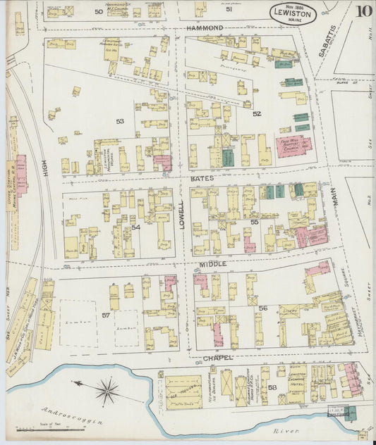 Sanborn Fire Insurance Map from Lewiston, Androscoggin County, Maine (1886), Sheet #0010 - Historic Sanborn Fire Insurance Map Print, vintage old map wall art, antique decor, genealogy gift, Maine Maine map