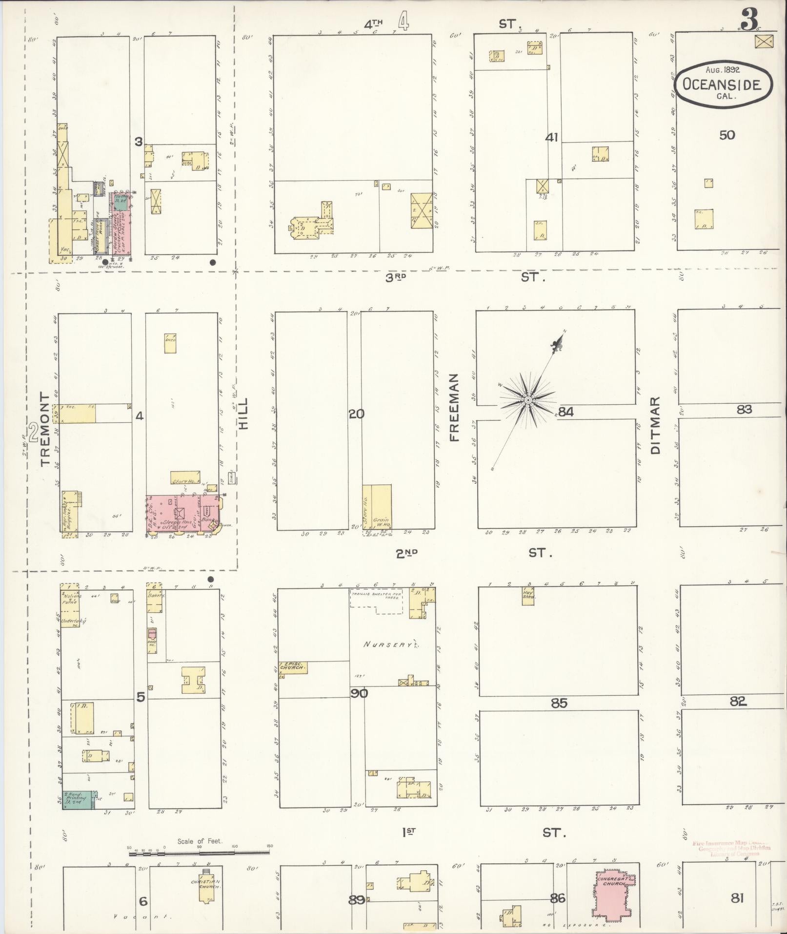 Sanborn Fire Insurance Map from Oceanside, San Diego County, California (1892), Sheet #0003 - Historic Sanborn Fire Insurance Map Print, vintage old map wall art, antique decor, genealogy gift, California California map