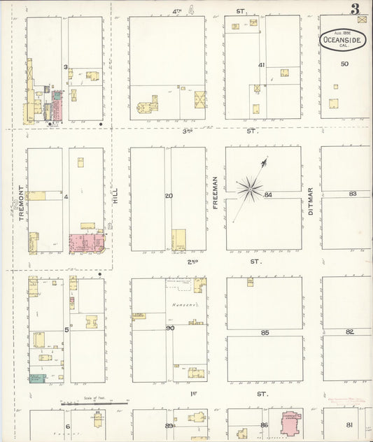 Sanborn Fire Insurance Map from Oceanside, San Diego County, California (1892), Sheet #0003 - Historic Sanborn Fire Insurance Map Print, vintage old map wall art, antique decor, genealogy gift, California California map