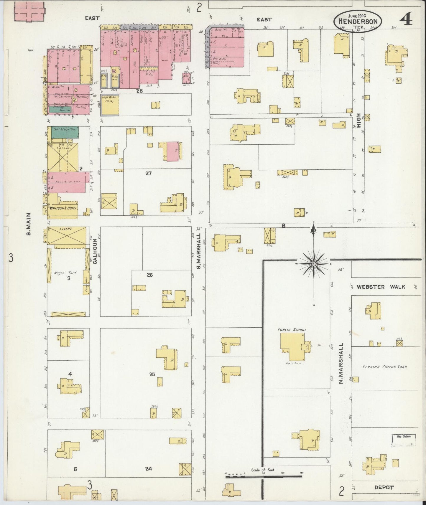 Sanborn Fire Insurance Map from Henderson, Rusk County, Texas (1906), Sheet #0004 - Historic Sanborn Fire Insurance Map Print, vintage old map wall art, antique decor, genealogy gift, Texas Texas map