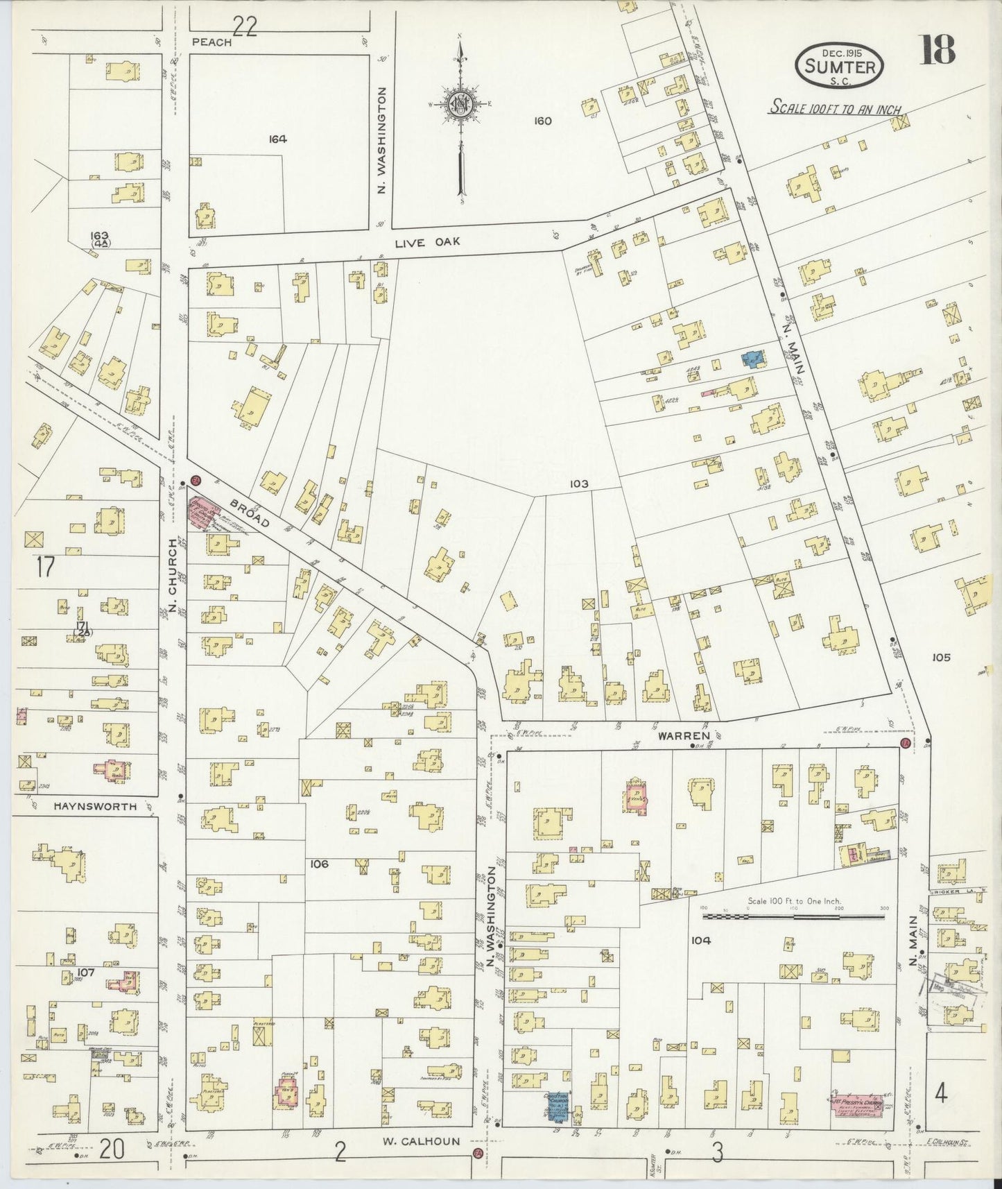 Sanborn Fire Insurance Map from Sumter, Sumter County, South Carolina (1915), Sheet #0018 - Historic Sanborn Fire Insurance Map Print, vintage old map wall art, antique decor, genealogy gift, South Carolina South Carolina map