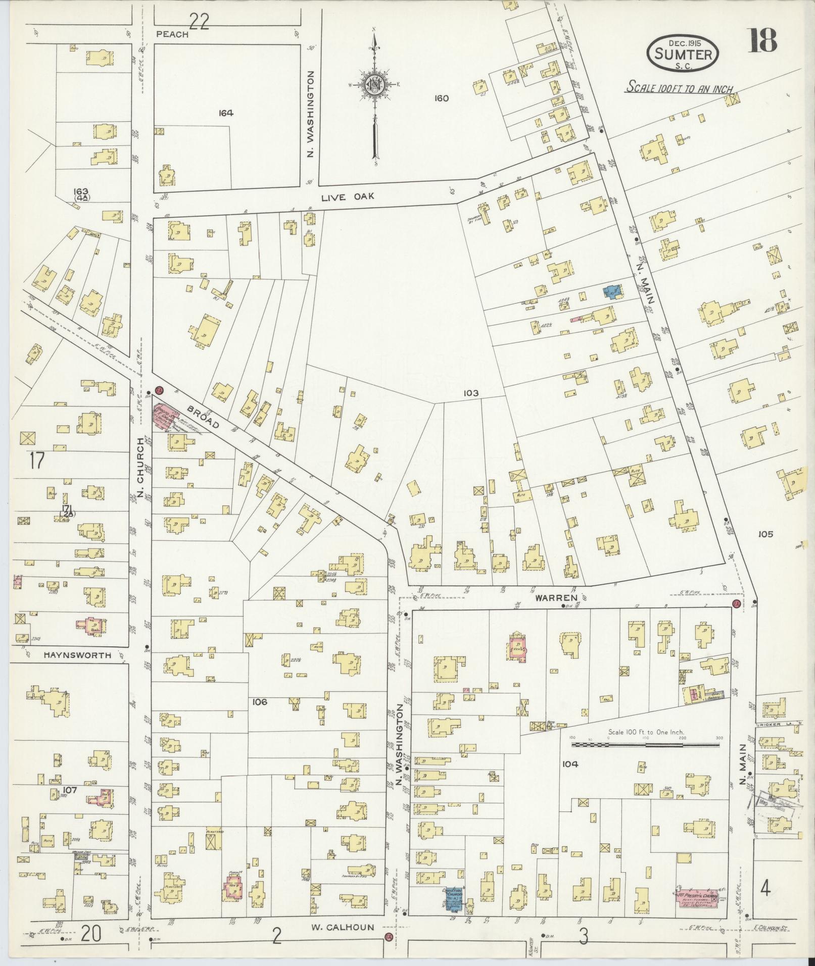 Sanborn Fire Insurance Map from Sumter, Sumter County, South Carolina (1915), Sheet #0018 - Historic Sanborn Fire Insurance Map Print, vintage old map wall art, antique decor, genealogy gift, South Carolina South Carolina map