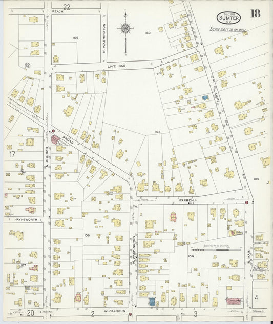 Sanborn Fire Insurance Map from Sumter, Sumter County, South Carolina (1915), Sheet #0018 - Historic Sanborn Fire Insurance Map Print, vintage old map wall art, antique decor, genealogy gift, South Carolina South Carolina map