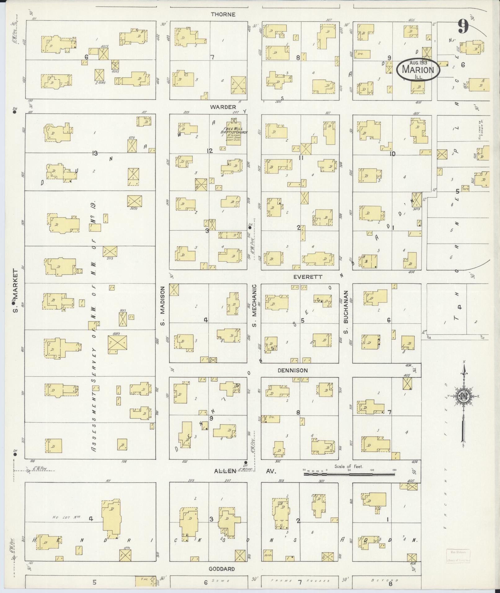 Sanborn Fire Insurance Map from Marion, Williamson County, Illinois (1913), Sheet #0009 - Historic Sanborn Fire Insurance Map Print, vintage old map wall art, antique decor, genealogy gift, Illinois Illinois map