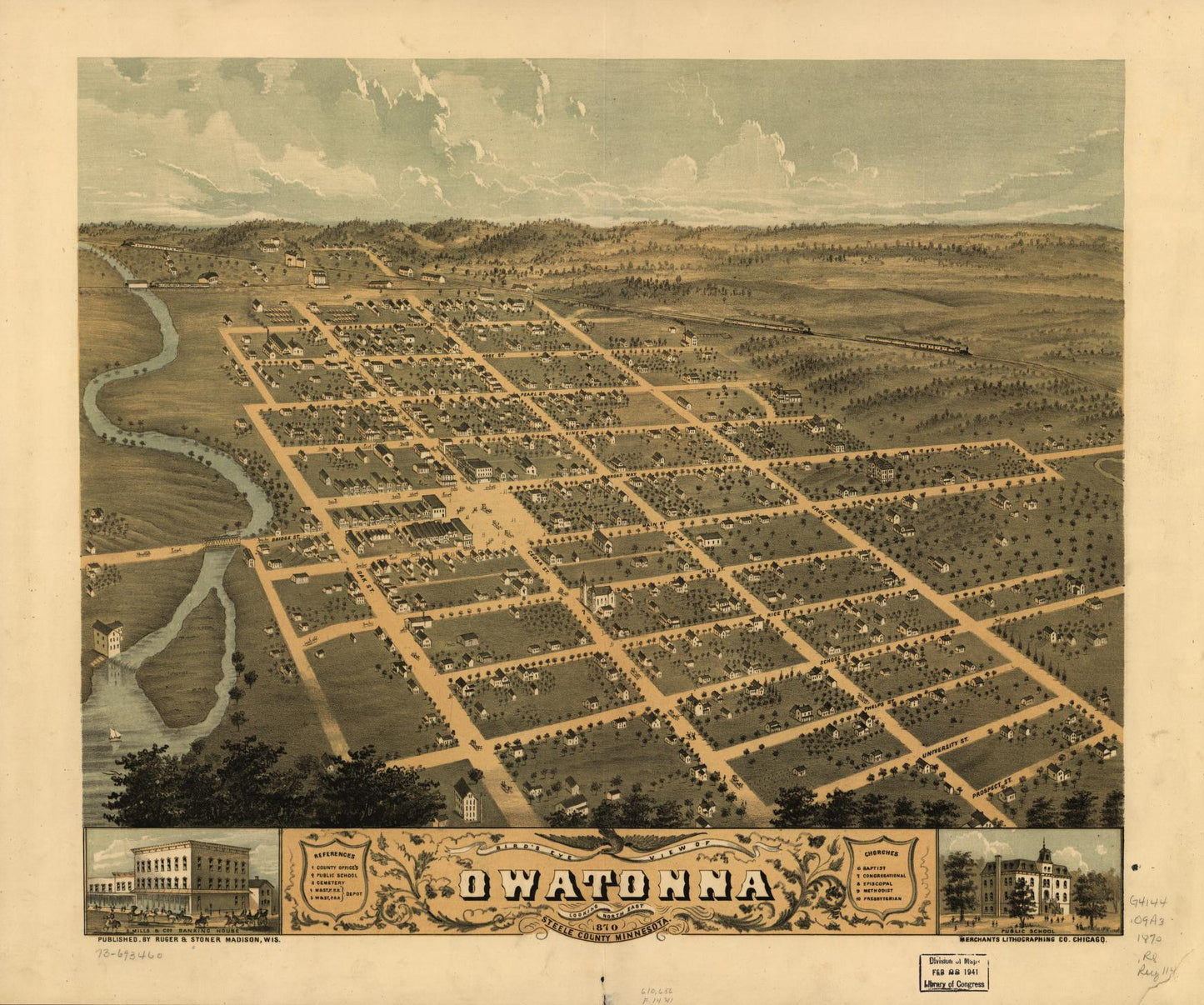 Bird's eye view of Owatonna, Steele County, Minnesota 1870. (1870) – Historic Bird’s-Eye View Panorama Print