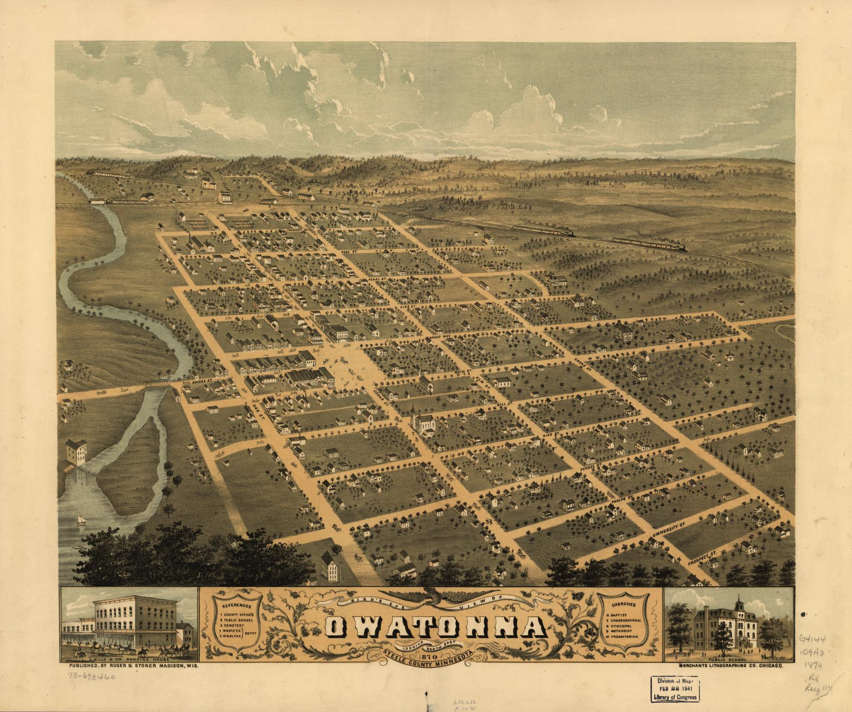 Bird's eye view of Owatonna, Steele County, Minnesota 1870. (1870) – Historic Bird’s-Eye View Panorama Print
