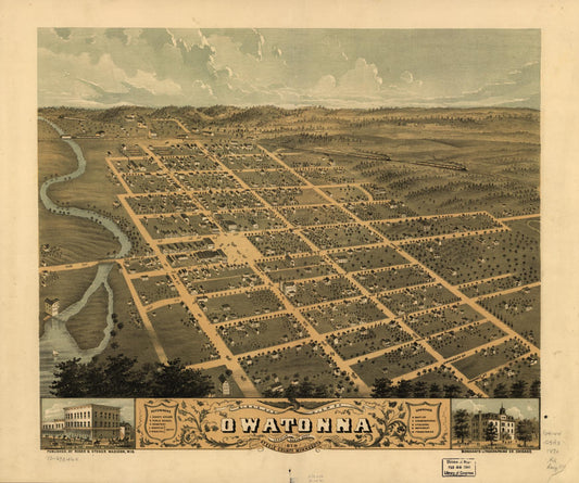 Bird's eye view of Owatonna, Steele County, Minnesota 1870. (1870) – Historic Bird’s-Eye View Panorama Print