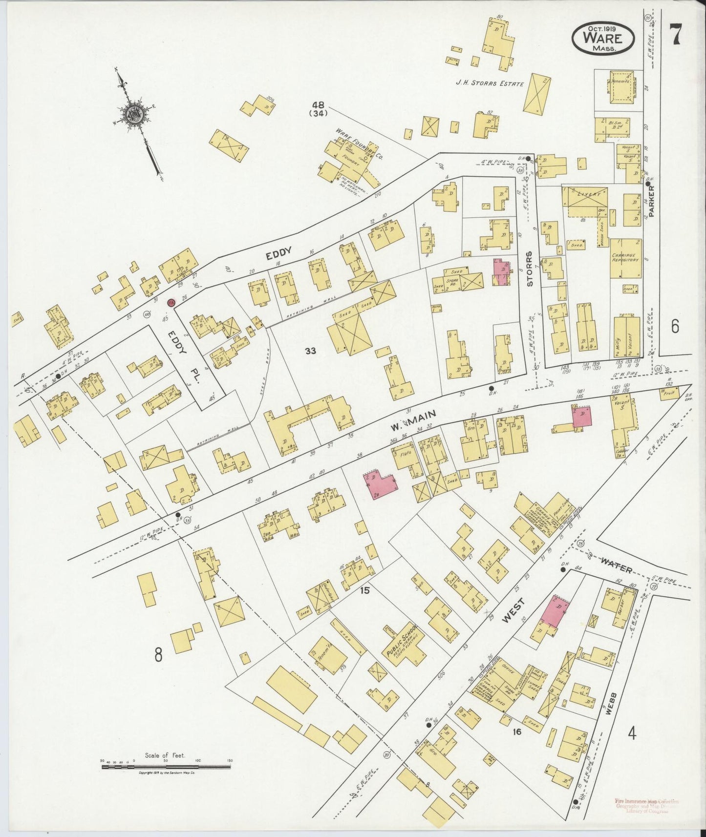 Sanborn Fire Insurance Map from Ware, Hampshire County, Massachusetts (1919), Sheet #0007 - Complete Map Set gallery image, historic Sanborn map, vintage wall art, Massachusetts Massachusetts