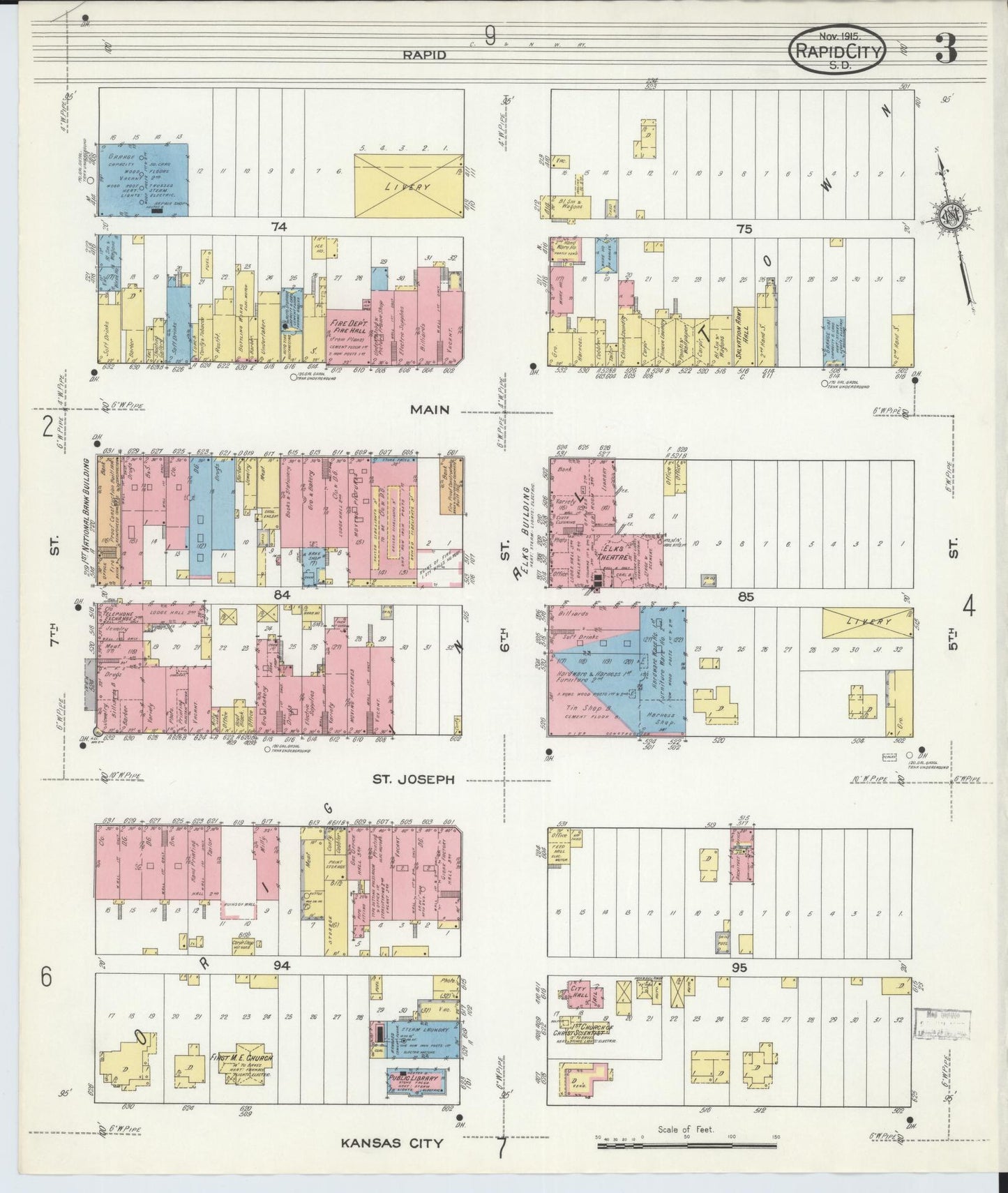 Sanborn Fire Insurance Map from Rapid City, Pennington County, South Dakota (1915), Sheet #0003 - Historic Sanborn Fire Insurance Map Print, vintage old map wall art, antique decor, genealogy gift, South Dakota South Dakota map