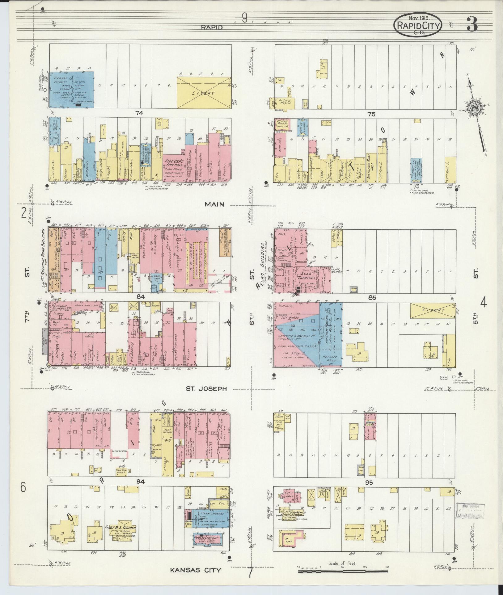 Sanborn Fire Insurance Map from Rapid City, Pennington County, South Dakota (1915), Sheet #0003 - Historic Sanborn Fire Insurance Map Print, vintage old map wall art, antique decor, genealogy gift, South Dakota South Dakota map