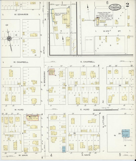 Sanborn Fire Insurance Map from Edmond, Oklahoma County, Oklahoma (1914), Sheet #0002 - Historic Sanborn Fire Insurance Map Print, vintage old map wall art, antique decor, genealogy gift, Edmond Oklahoma map