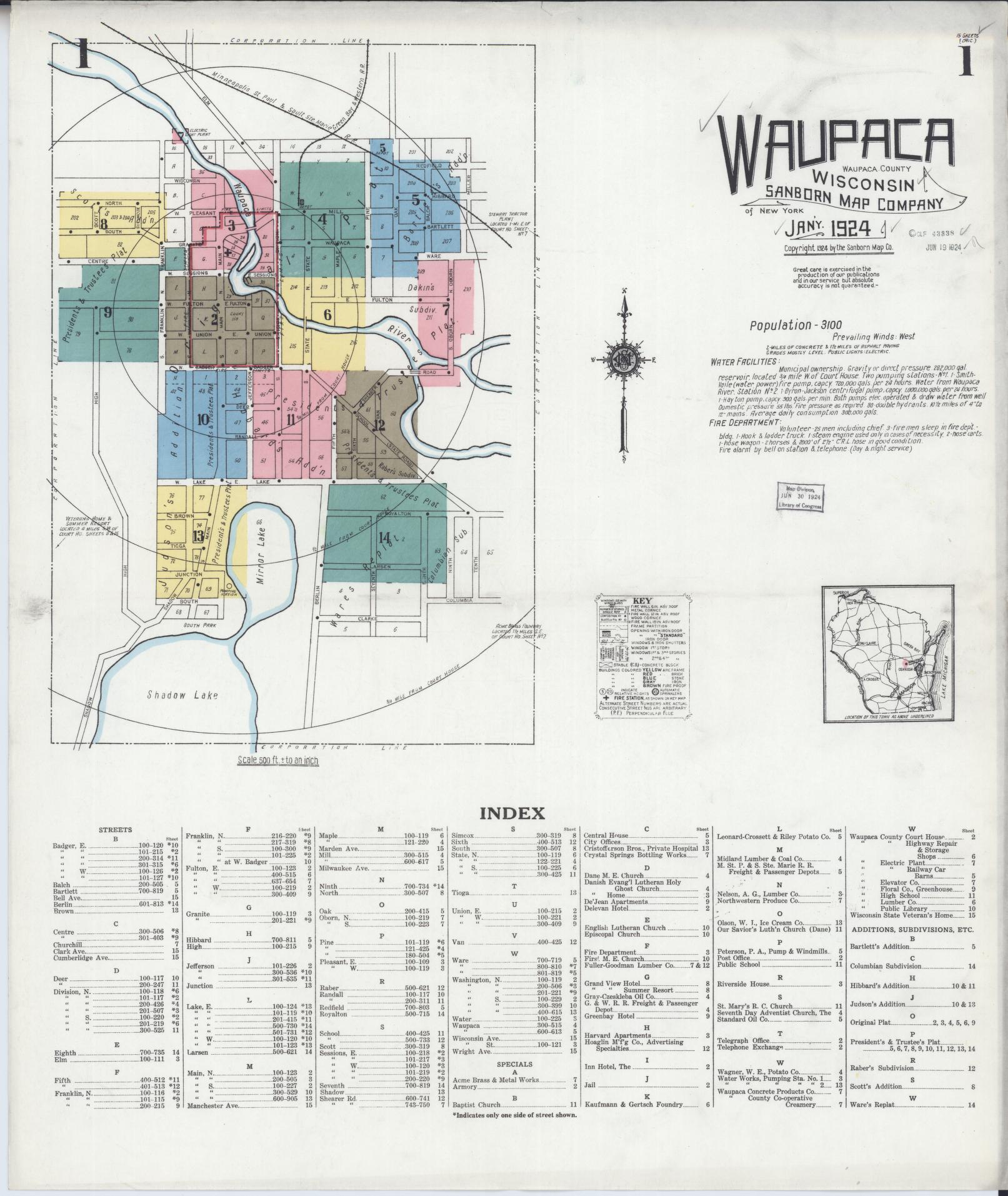 Sanborn Fire Insurance Map from Waupaca, Waupaca County, Wisconsin (1924), Sheet #0001 - Complete Map Set gallery image, historic Sanborn map, vintage wall art, Wisconsin Wisconsin
