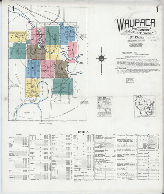 Sanborn Fire Insurance Map from Waupaca, Waupaca County, Wisconsin (1924), Sheet #0001 - Complete Map Set gallery image, historic Sanborn map, vintage wall art, Wisconsin Wisconsin