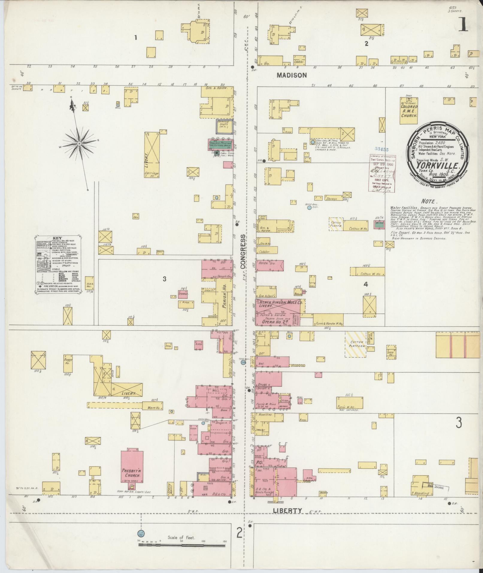 Sanborn Fire Insurance Map from York[ville], York County, South Carolina (1900), Sheet #0001 - Historic Sanborn Fire Insurance Map Print, vintage old map wall art, antique decor, genealogy gift, South Carolina South Carolina map