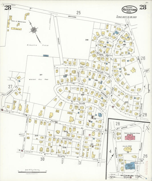 Sanborn Fire Insurance Map from Watertown, Middlesex County, Massachusetts (1923), Sheet #0028 - Historic Sanborn Fire Insurance Map Print, vintage old map wall art, antique decor, genealogy gift, Massachusetts Massachusetts map