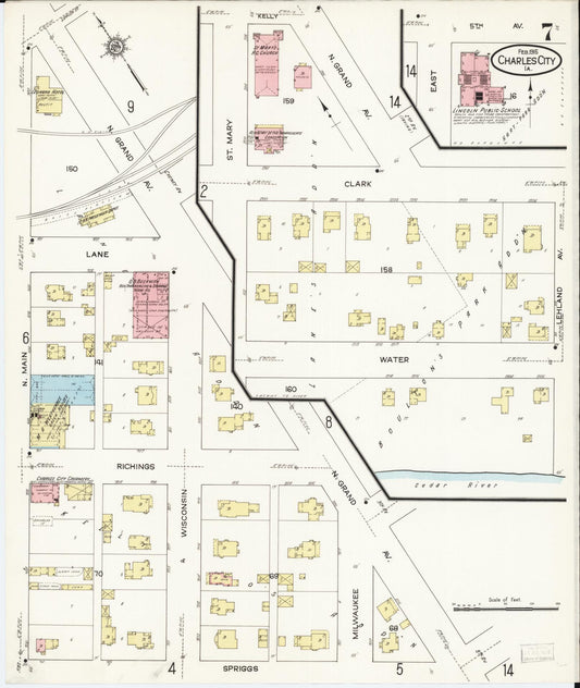 Sanborn Fire Insurance Map from Charles City, Floyd County, Iowa (1915), Sheet #0007 - Historic Sanborn Fire Insurance Map Print, vintage old map wall art