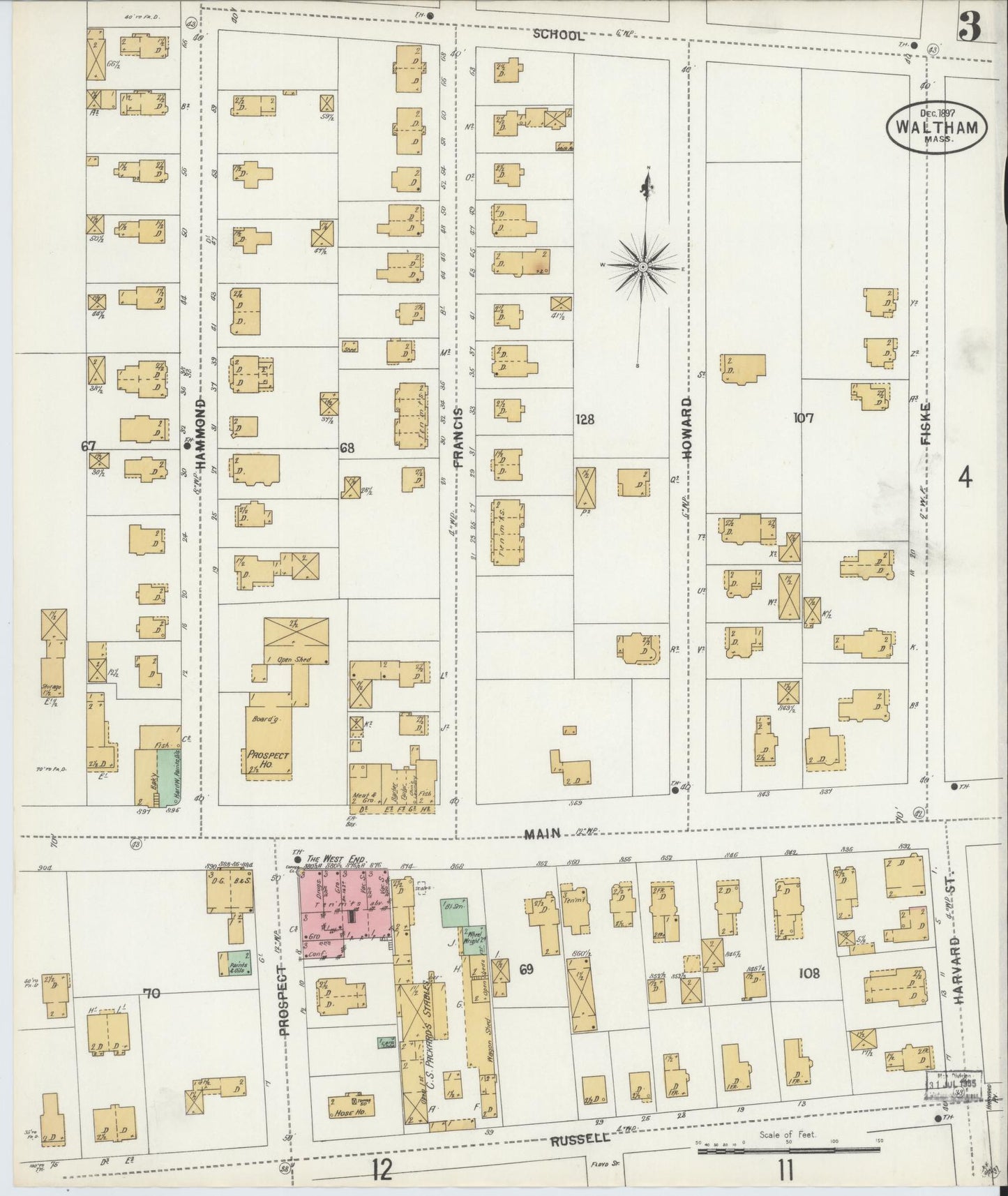 Sanborn Fire Insurance Map from Waltham, Middlesex County, Massachusetts (1897), Sheet #0003 - Complete Map Set gallery image, historic Sanborn map, vintage wall art, Massachusetts Massachusetts
