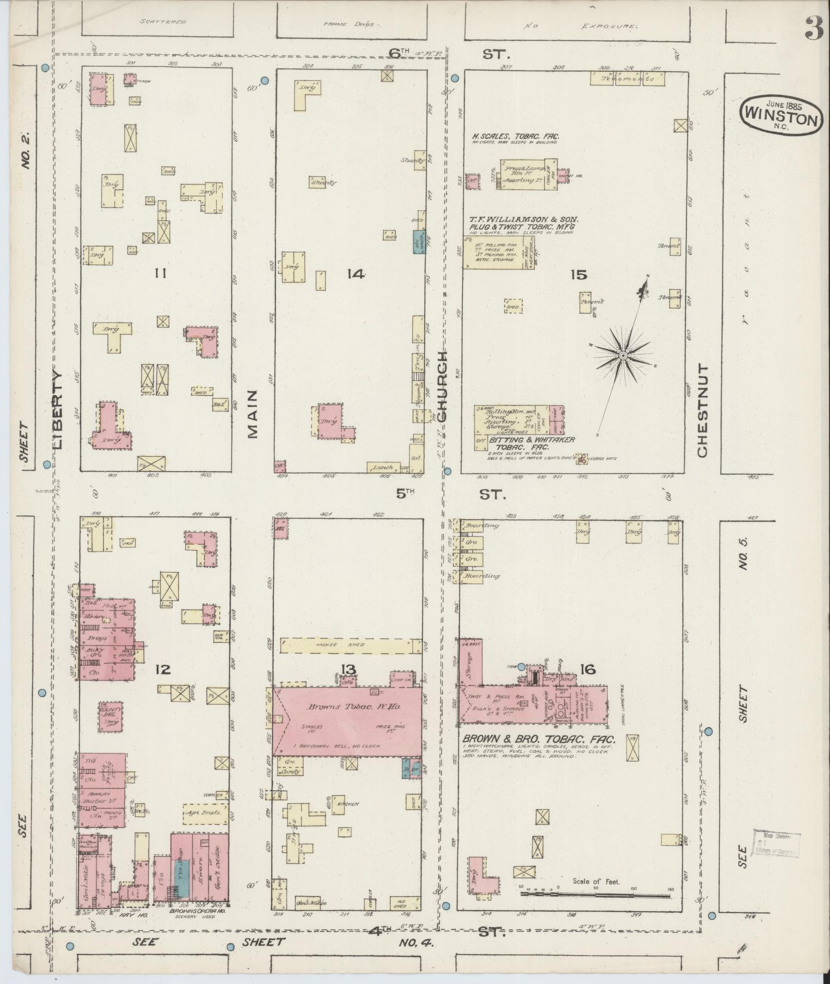 Sanborn Fire Insurance Map from Winston-Salem, Forsyth County, North Carolina (1885), Sheet #0003 - Historic Sanborn Fire Insurance Map Print, vintage old map wall art, antique decor, genealogy gift, North Carolina North Carolina map