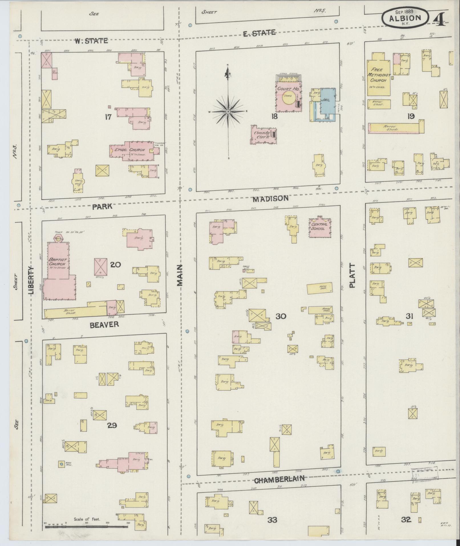 Sanborn Fire Insurance Map from Albion, Orleans County, New York (1889), Sheet #0004 - Historic Sanborn Fire Insurance Map Print, vintage old map wall art, antique decor, genealogy gift, New York New York map