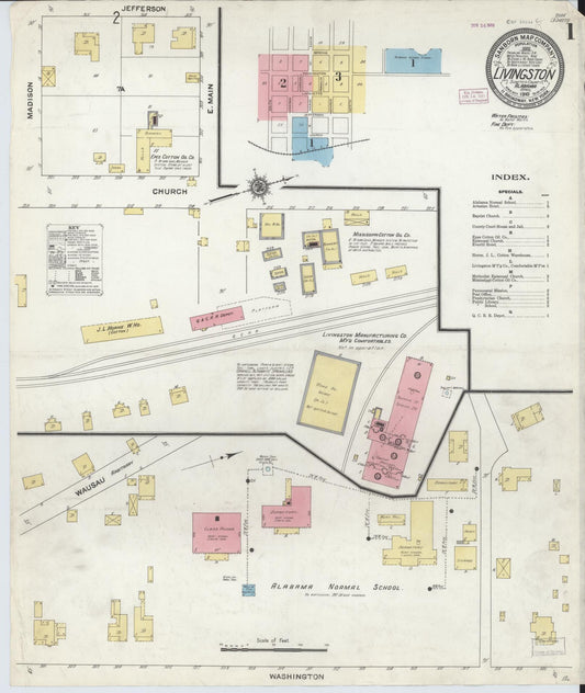 Sanborn Fire Insurance Map from Livingston, Sumter County, Alabama (1910), Sheet #0001 - Historic Sanborn Fire Insurance Map Print, vintage old map wall art, antique decor, genealogy gift, Alabama Alabama map