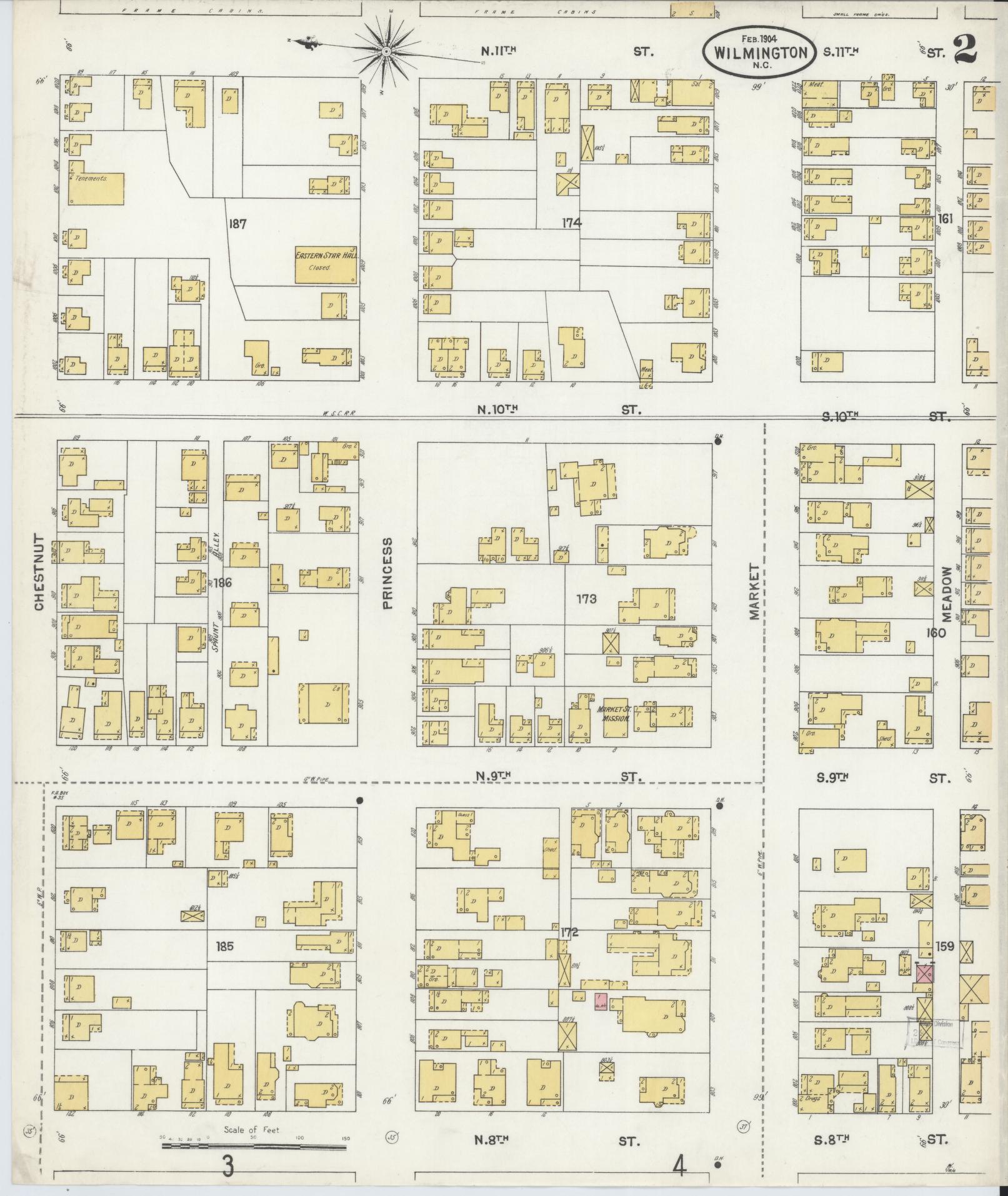 Sanborn Fire Insurance Map from Wilmington, New Hanover County, North Carolina (1904), Sheet #0002 - Historic Sanborn Fire Insurance Map Print, vintage old map wall art, antique decor, genealogy gift, North Carolina North Carolina map