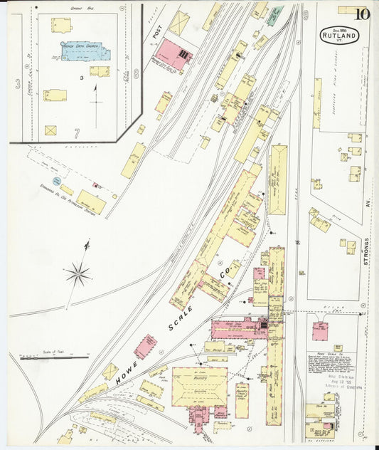 Sanborn Fire Insurance Map from Rutland, Rutland County, Vermont (1895), Sheet #0010 - Historic Sanborn Fire Insurance Map Print, vintage old map wall art, antique decor, genealogy gift, Vermont Vermont map