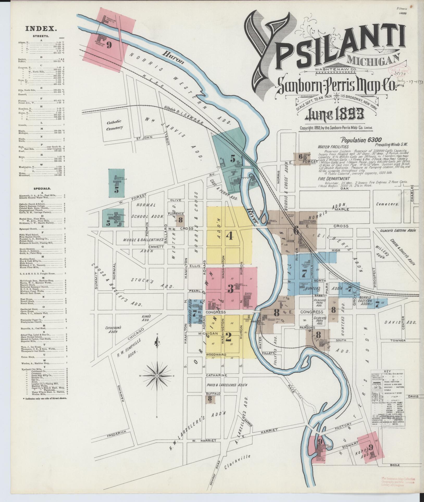 Sanborn Fire Insurance Map from Ypsilanti, Washtenaw County, Michigan (1893), Sheet #0001 - Complete Map Set gallery image, historic Sanborn map, vintage wall art, Michigan Michigan