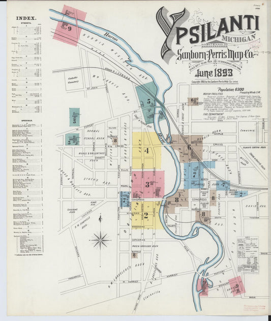 Sanborn Fire Insurance Map from Ypsilanti, Washtenaw County, Michigan (1893), Sheet #0001 - Complete Map Set gallery image, historic Sanborn map, vintage wall art, Michigan Michigan