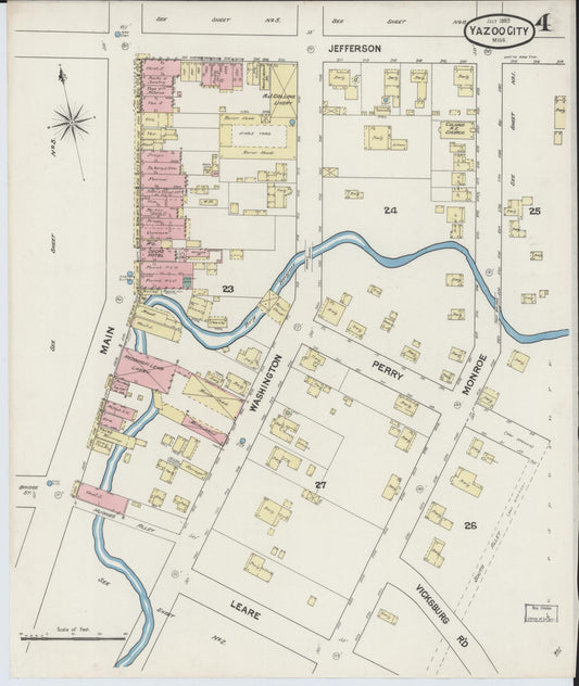 Sanborn Fire Insurance Map from Yazoo City, Yazoo County, Mississippi (1889), Sheet #0004 - Historic Sanborn Fire Insurance Map Print, vintage old map wall art, antique decor, genealogy gift, Mississippi Mississippi map