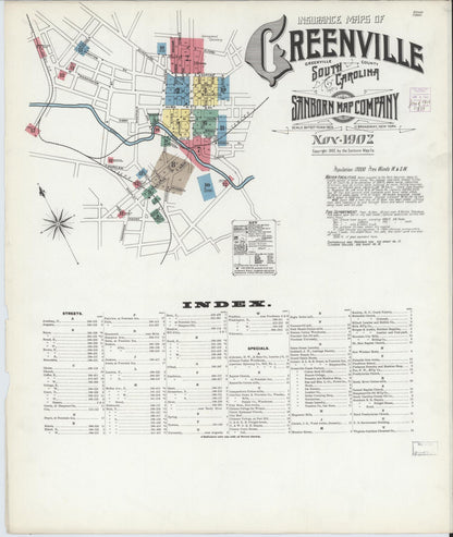 Sanborn Fire Insurance Map from Greenville, Greenville County, South Carolina (1902), Sheet #0001 - Complete Map Set gallery image, historic Sanborn map, vintage wall art, South Carolina South Carolina