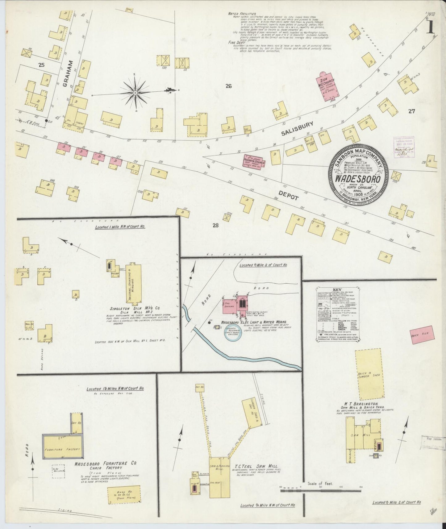 Sanborn Fire Insurance Map from Wadesboro, Anson County, North Carolina (1908), Sheet #0001 - Complete Map Set gallery image, historic Sanborn map, vintage wall art, North Carolina North Carolina