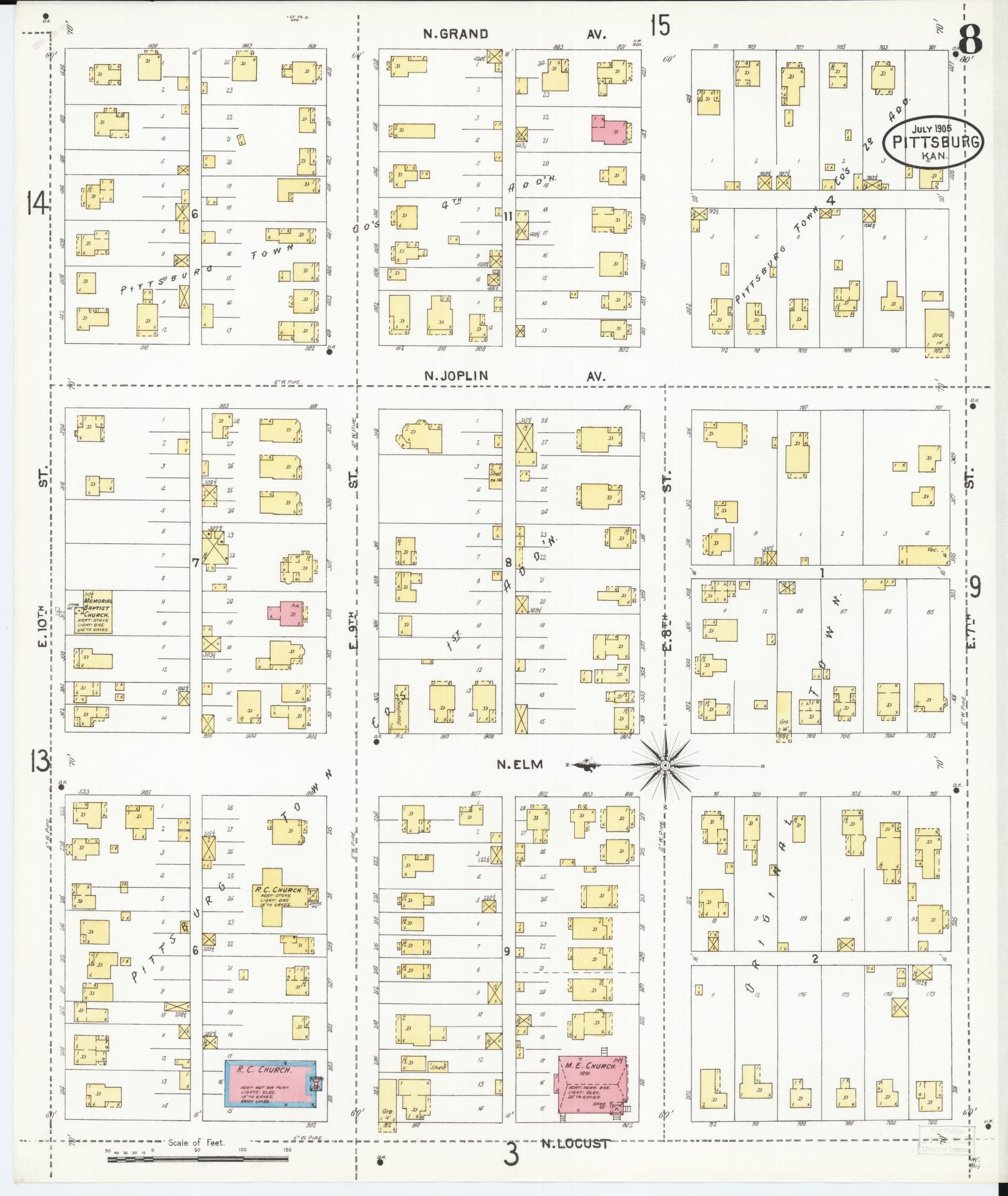 Sanborn Fire Insurance Map from Pittsburg, Crawford County, Kansas (1905), Sheet #0008 - Historic Sanborn Fire Insurance Map Print, vintage old map wall art, antique decor, genealogy gift, Kansas Kansas map