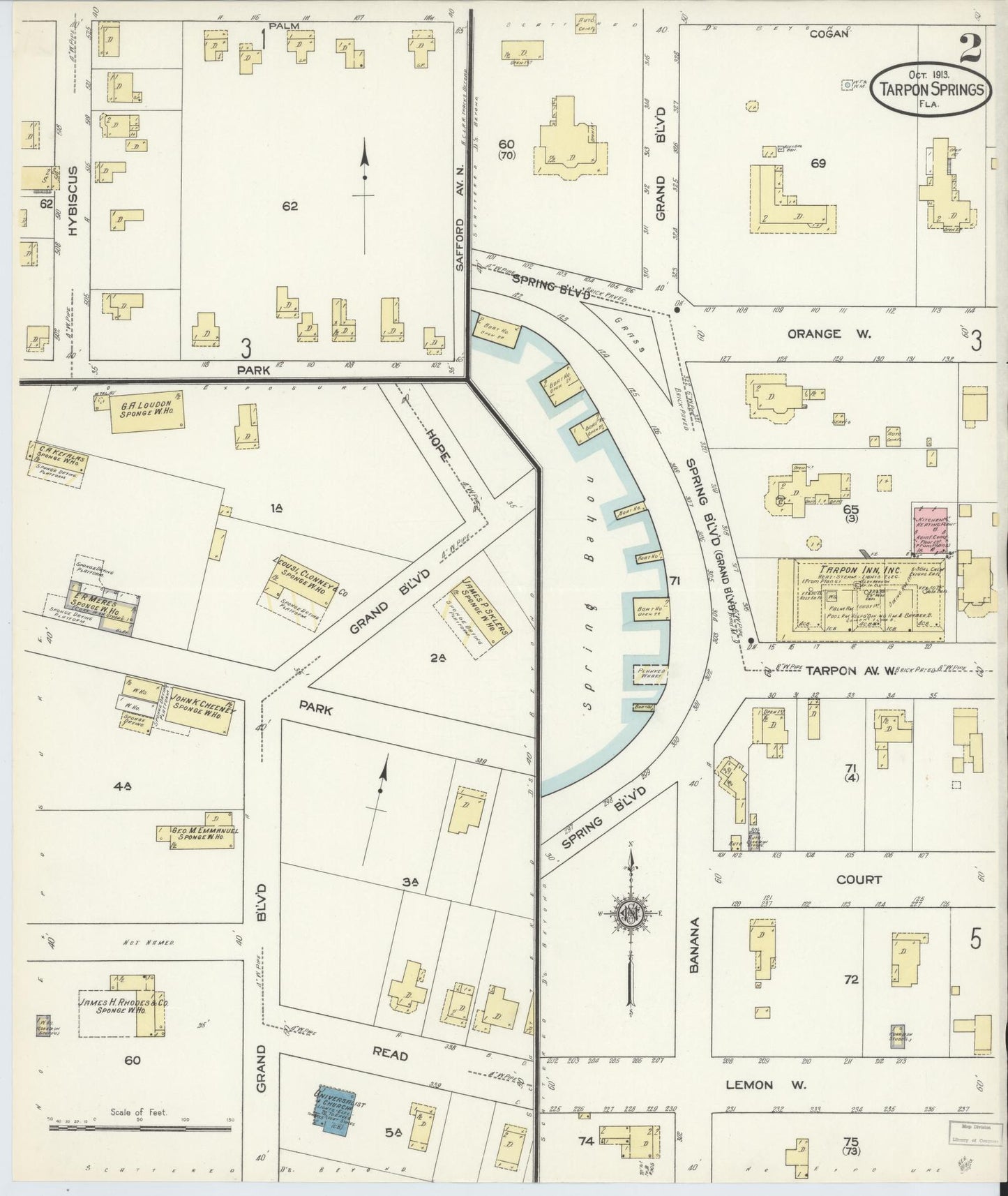Sanborn Fire Insurance Map from Tarpon Springs, Pinellas County, Florida (1913), Sheet #0002 - Complete Map Set gallery image, historic Sanborn map, vintage wall art, Florida Florida