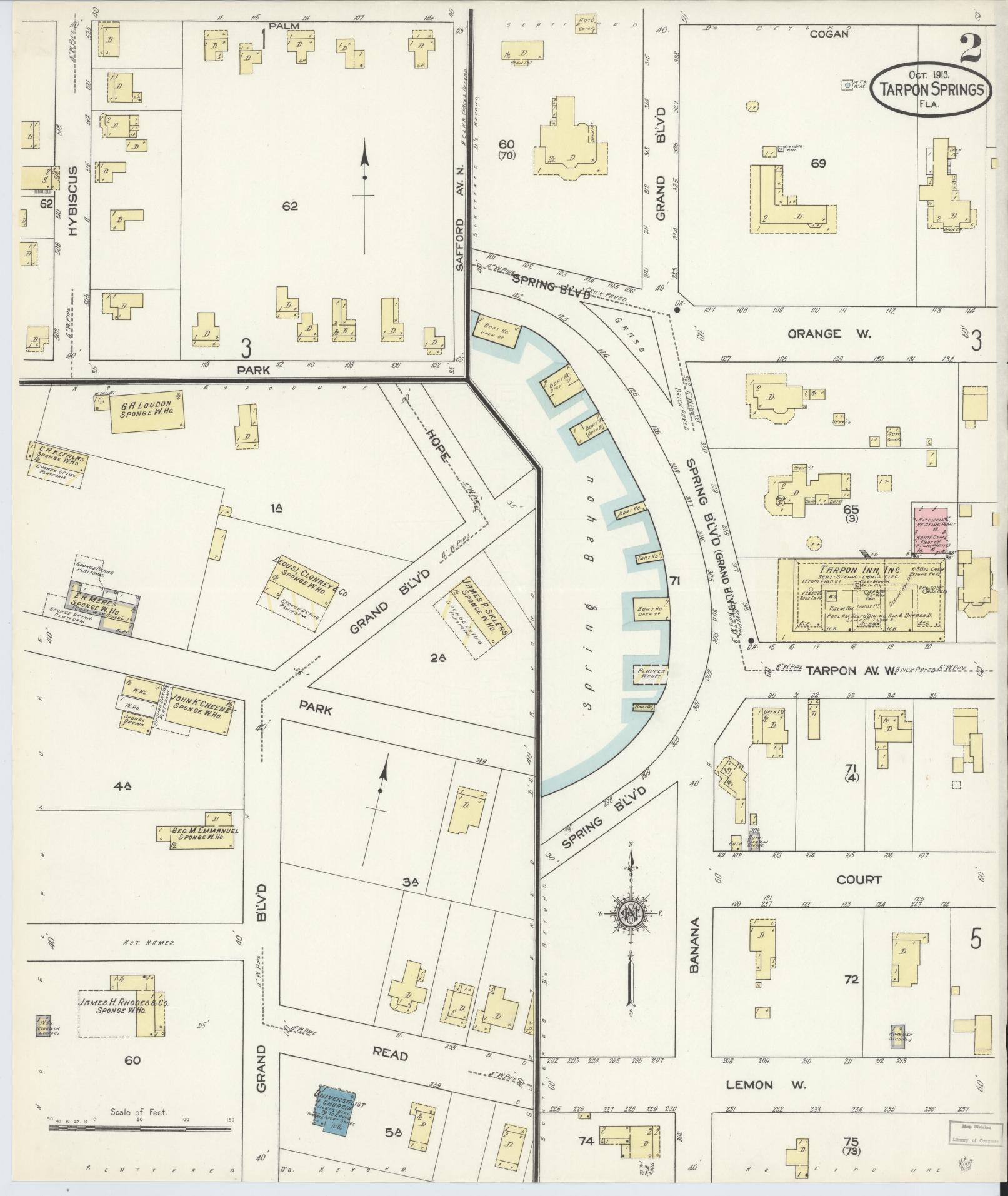 Sanborn Fire Insurance Map from Tarpon Springs, Pinellas County, Florida (1913), Sheet #0002 - Complete Map Set gallery image, historic Sanborn map, vintage wall art, Florida Florida