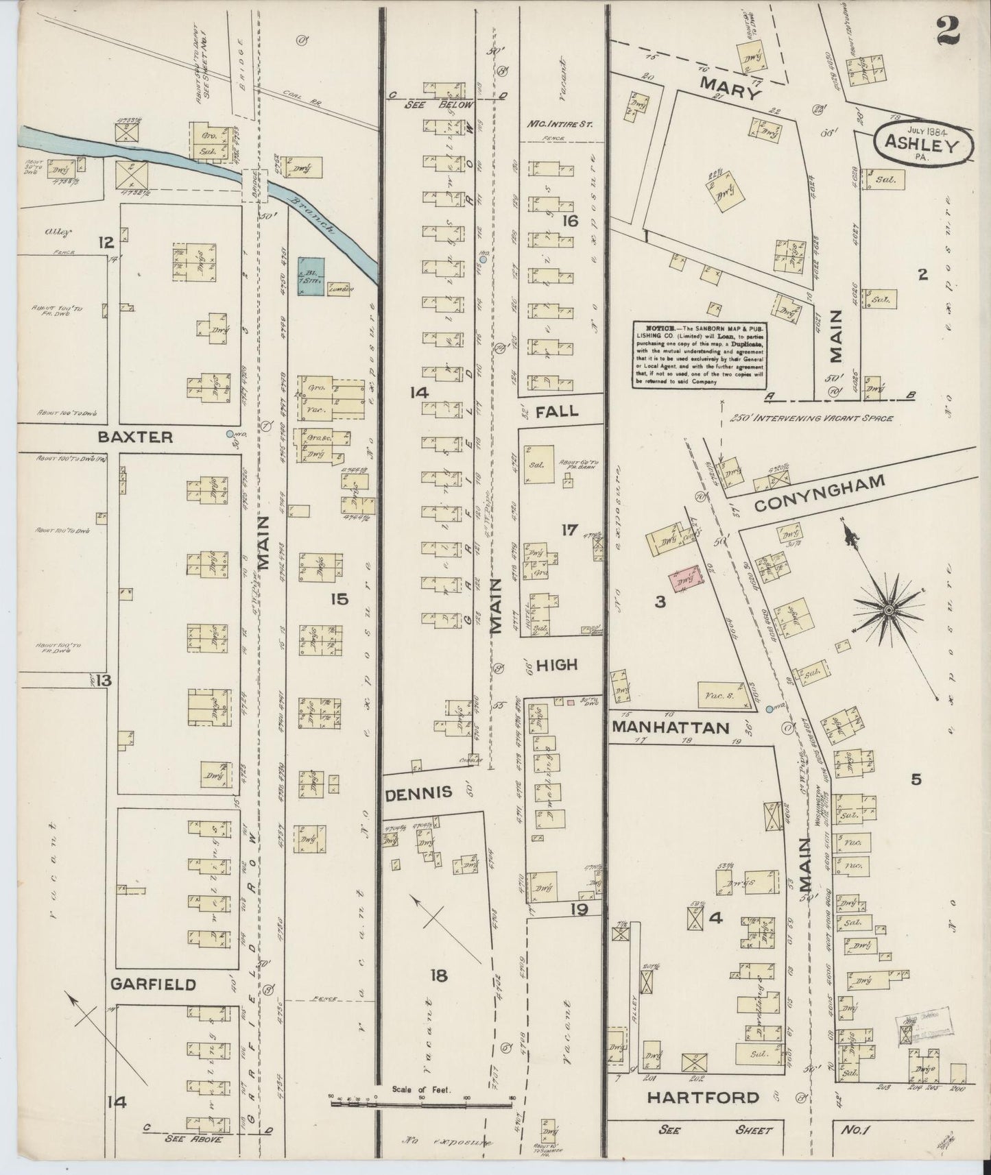 Sanborn Fire Insurance Map from Ashley, Luzerne County, Pennsylvania (1884), Sheet #0002 - Historic Sanborn Fire Insurance Map Print, vintage old map wall art, antique decor, genealogy gift, Pennsylvania Pennsylvania map