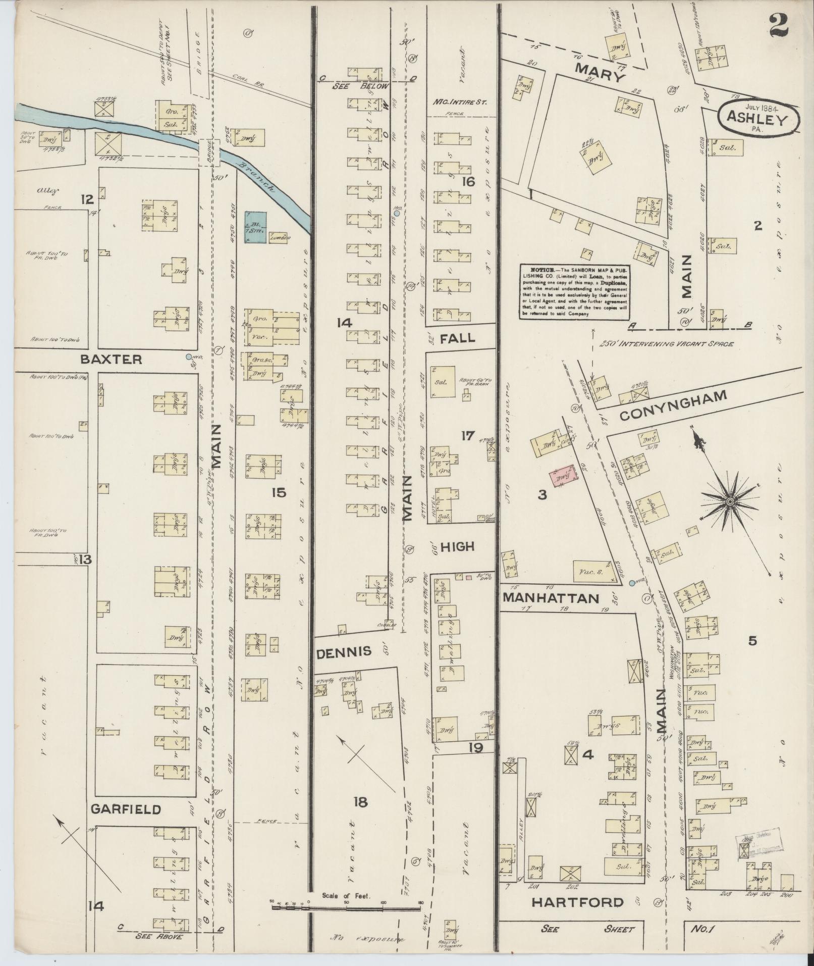 Sanborn Fire Insurance Map from Ashley, Luzerne County, Pennsylvania (1884), Sheet #0002 - Historic Sanborn Fire Insurance Map Print, vintage old map wall art, antique decor, genealogy gift, Pennsylvania Pennsylvania map